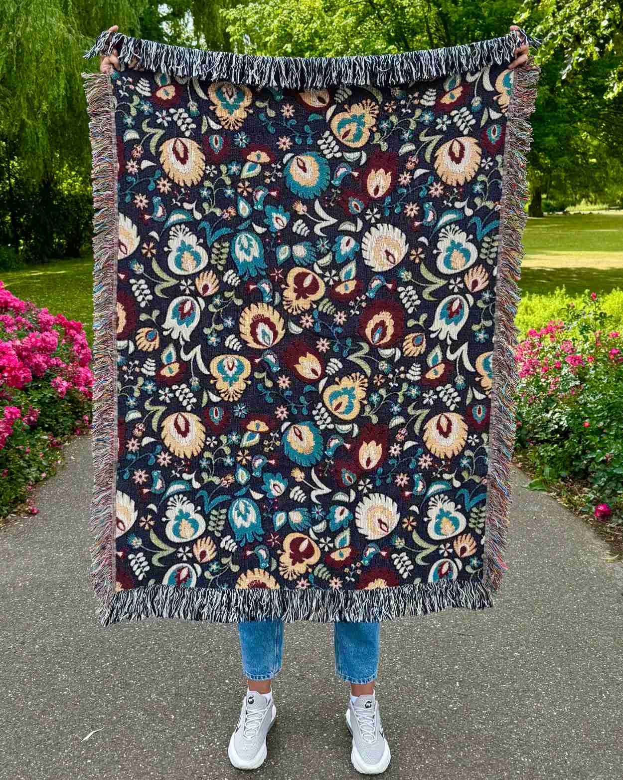 "Midnight Folk Garden" Woven Blanket